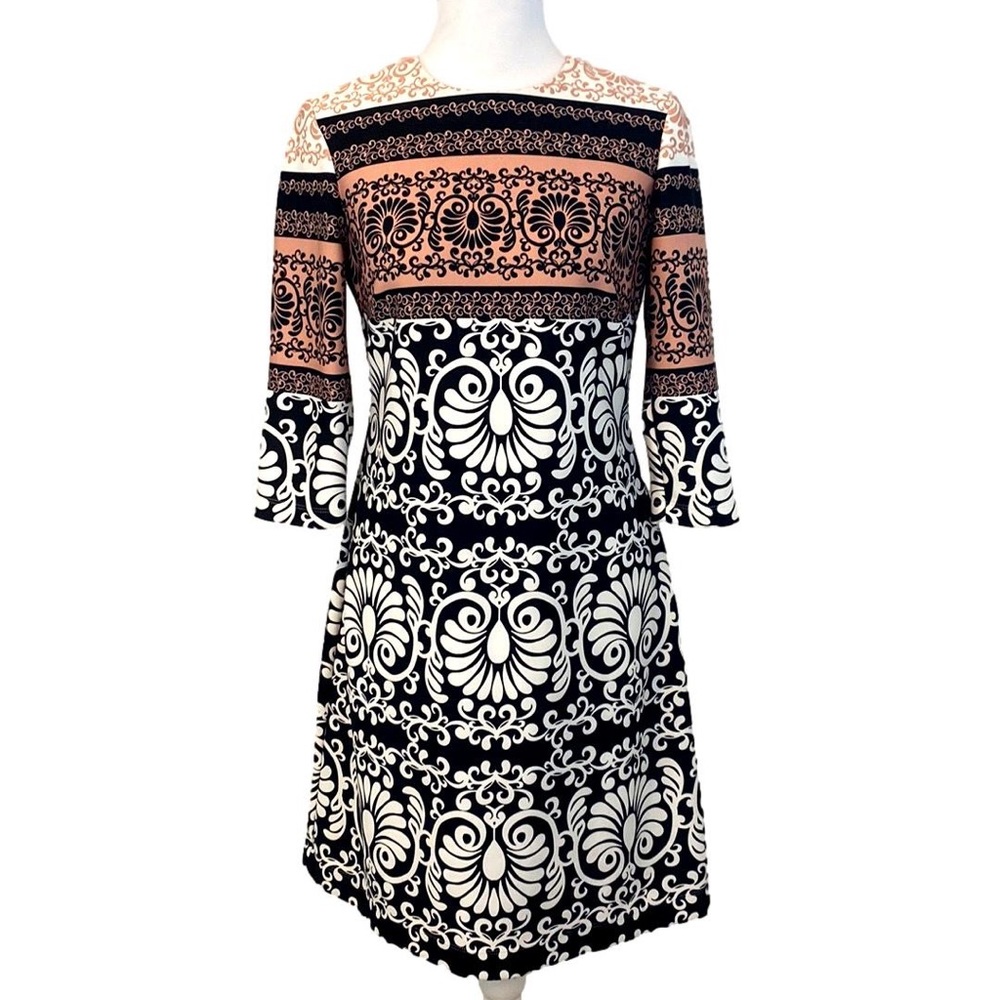Taylor Black Peach Tan White 3/4 sleeve print dress  size 6